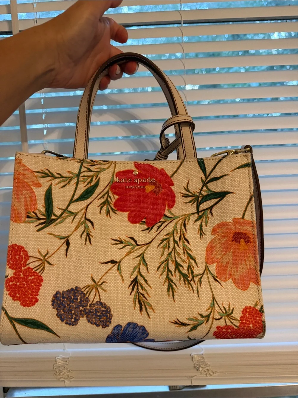 kate spade Cream Floral Canvas Satchel with Red & Orange Blooms